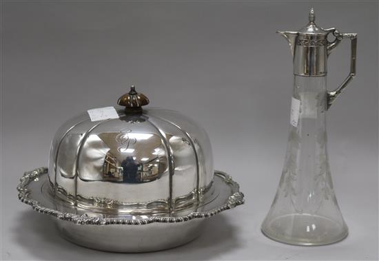 A silver plated muffin dish and cover and a WMF plate mounted liqueur jug